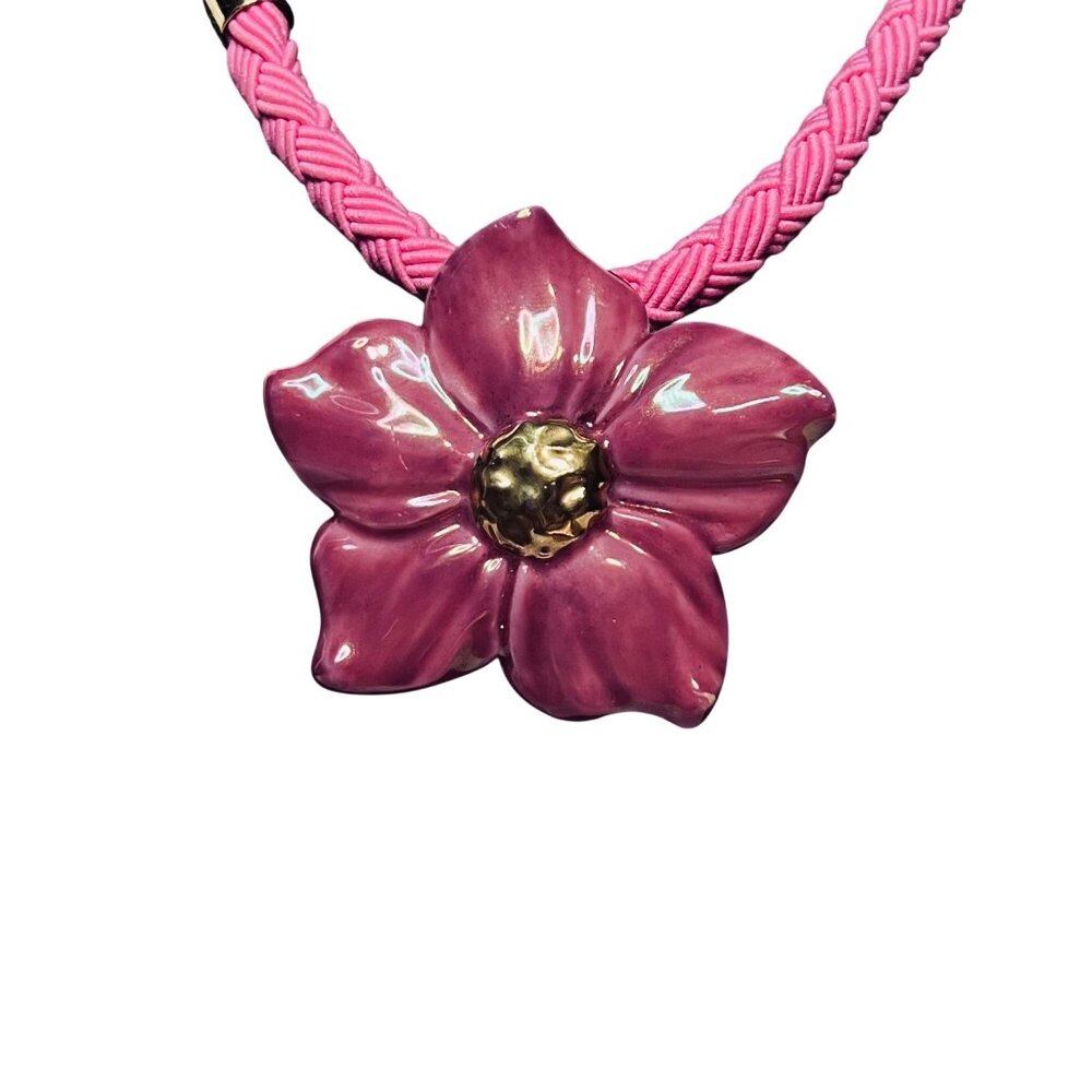 Avon Pink Ceramic Wild Flower Choker Necklace On Braided Cord (6127) - Picture 3 of 7
